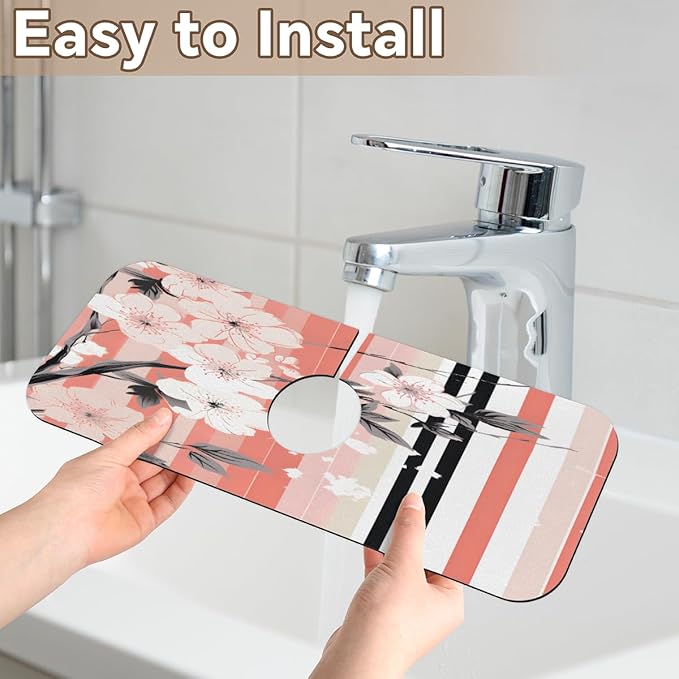 Petals Stripe Kitchen Faucet Mat Splash Guard, 15.4”x5.7” Absorbent Quick Drying Sink Mat for Countertop Protection, Draining Mat Sink Protectors For Kitchen Bathroom, 2 Pack