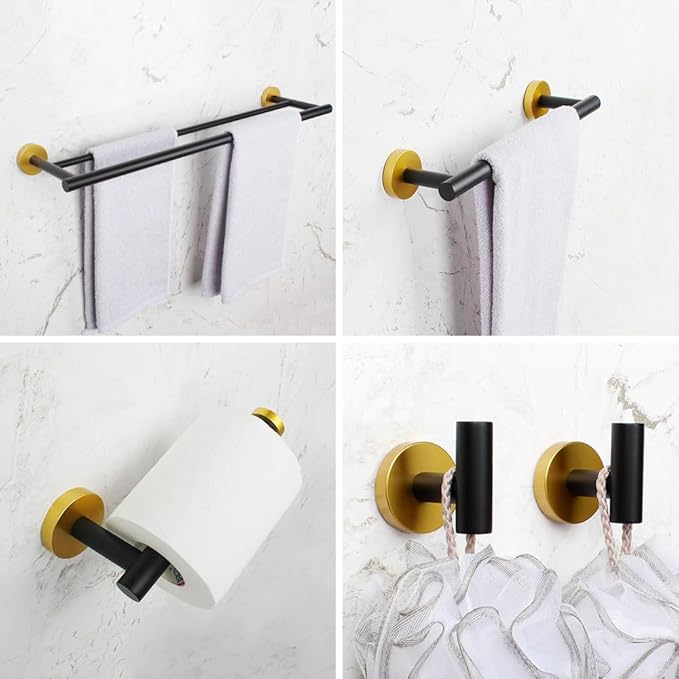 5-Pieces Bathroom Accessories Kit Black & Gold Wall Mounted - Includes 24" Double Towel Bar, 12" Hand Towel Bar, Toilet Paper Holder, 2X Robe Towel Hooks
