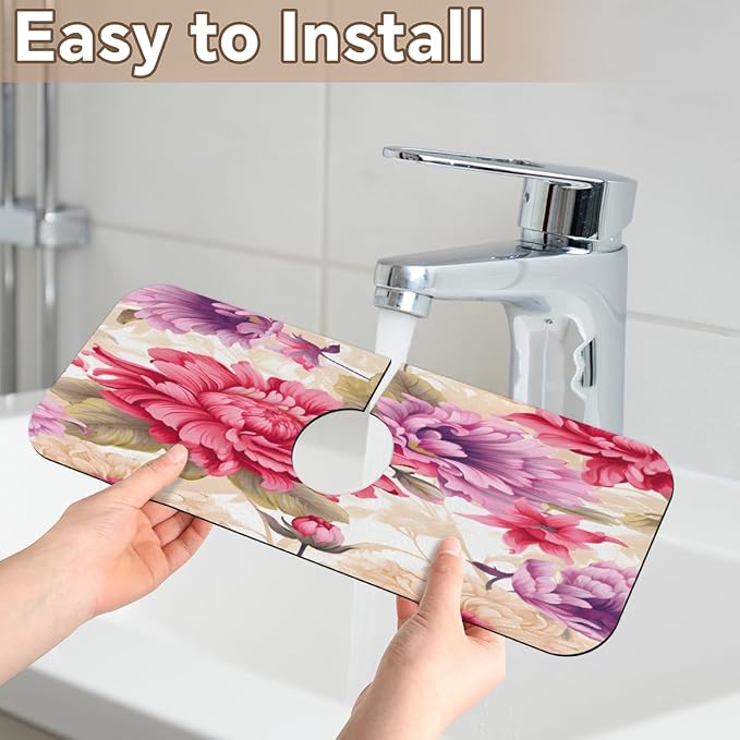 Floral Symphony In Cream Kitchen Faucet Mat Splash Guard, 15.4”x5.7” Absorbent Quick Drying Sink Mat for Countertop Protection, Draining Mat Sink Protectors For Kitchen Bathroom, 1 Pack