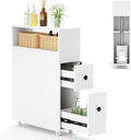 LOKO Slim Bathroom Storage Cabinet with Wheels, Narrow Toilet Side Cabinet with Drawers, Removable Storage Baskets, Toilet Brush Holder, Movable Bathroom Organizer or Skinny Corner, Narrow Spaces
