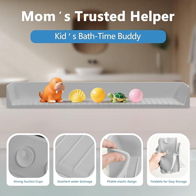 2.6-Ft Bathtub Splash Guard for Tub Kids, Silicone Splash Shield with 11 Suction Cups, Toy Tray Shelf, No Spill Water Barrier, Prevents Mess, Fun Bathtime for Toddlers Baby–Gray