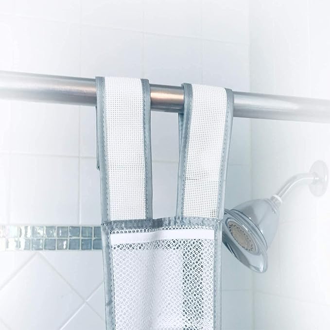 Skywin TidyFriend Shower Liner With Pockets -57 x 6 Inches, Hanging Mesh Shower Caddy with 7 Pockets, 100% Polyester Mesh Fabric, Adjustable Velcro Strap or Hook
