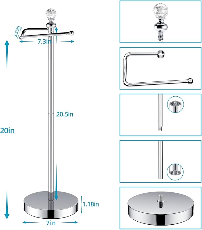 Toilet Paper Holder Stand (with Reserve Function) Free Standing Toilet Paper Holder for Bathroom Total Height 24.4" with Crystal Finial, Chrome Finish
