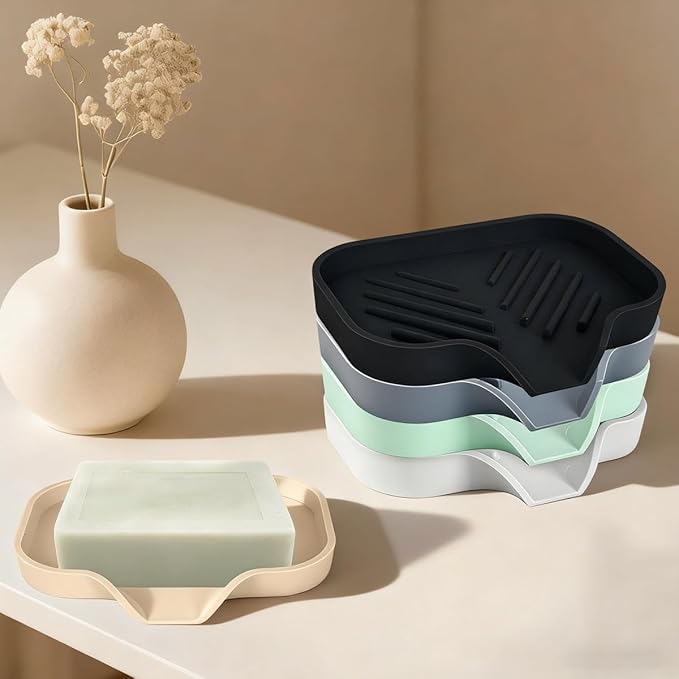 5 Pcs Silicone Soap Dish with Self Draining Soap Dish Bar Soap Holder Natural Waterfall Drain Soap Saver Tray for Shower Bathroom Kitchen (Black, White, Grey, Green, Beige)