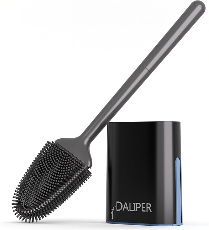 Toilet Brush and Holder Set - Flexible Silicone Toilet Bowl Scrubber Brush, Compact Bathroom Brush with Ventilation Base, Black