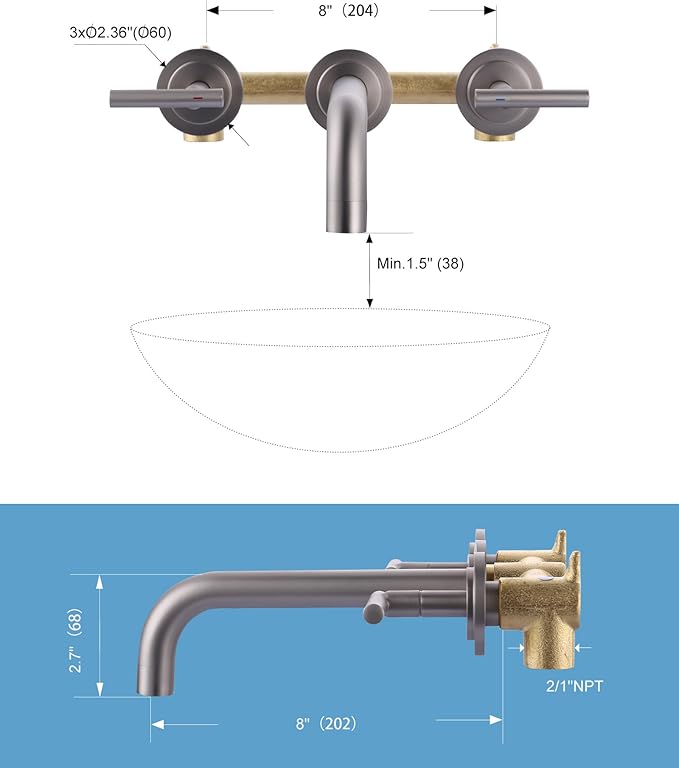 WOWOW Wall Mount Bathroom Faucet, Brushed Nickel, Modern Style, 3 Hole, Dual Lever Handles, Drip Proof, Stainless Steel, Chrome Finish