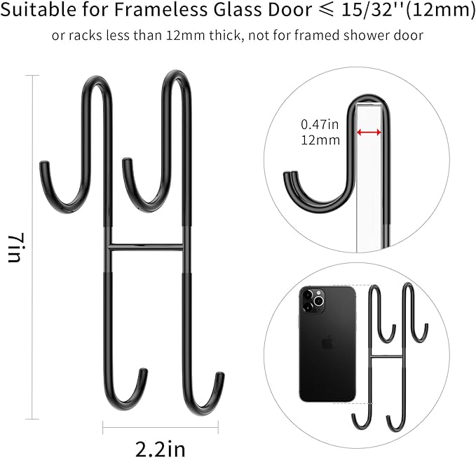 Over Shower Glass Door Hook, 2 Pack Black Stainless Steel Extended Shower Door Hooks, Bathroom Frameless Drilling-Free Hanger, Double Side Towel Hooks