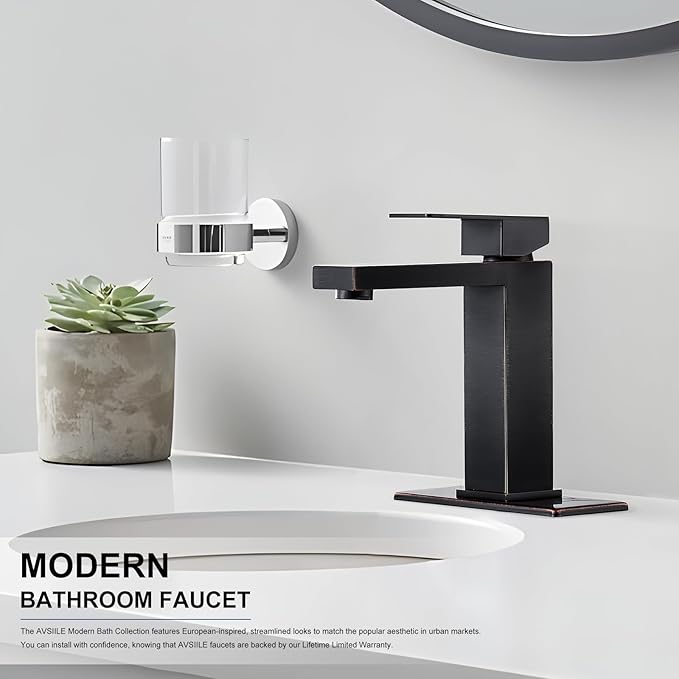 Oil Rubbed Bronze Bathroom Faucet, Single Hole Vanity Bath Faucet, Single Handle Modern Stainless Steel Bathroom Faucets for Sink 1 Hole with Pop Up Drain Stopper & Water Supply Hoses