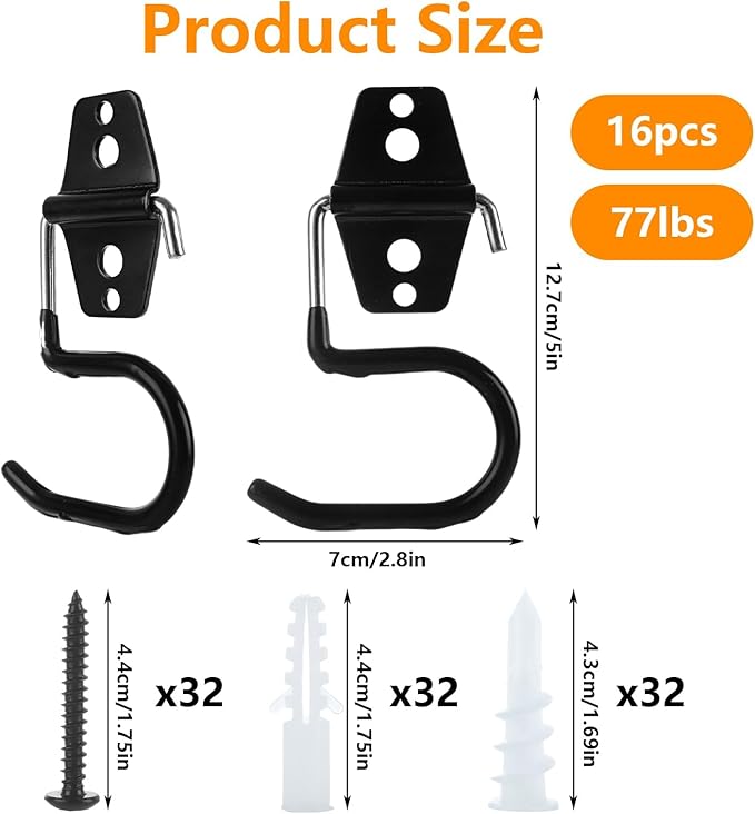 16 Pack Metal Garage Hooks S Hooks Heavy Duty Metal Large S Hooks and Broom and Mop Holder for Mop Shovel Rake Shed Garden Lawn Yard（Black）