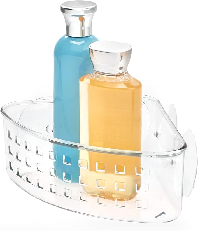 iDesign Plastic Suction Cup Corner Shower Basket for Bathroom Storage, Set of 2, Clear, Made in USA