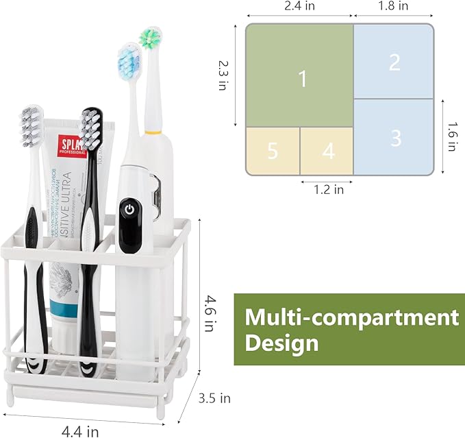 Carbon Steel Toothbrush Holders for Bathrooms, 5 Slots Kids Electric Tooth Brush and Toothpaste Organizer for Countertop, Shower, Vanity, White