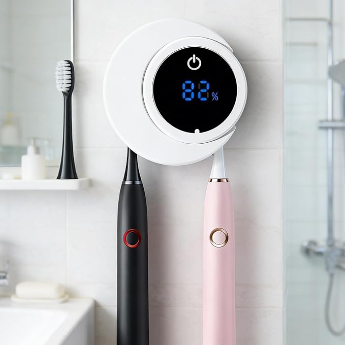 Toothbrush Sterilizer & Holder, Shmian Wall-Mounted Toothbrush Cleaner and Dryer for Bathroom and Travel, with LED Screen, Fits for Any Type Toothbrushes (White)
