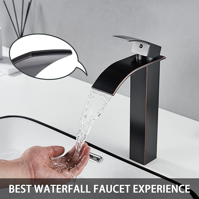 VOTON Vessel Sink Faucet Oil Rubbed Bronze Modern Tall Waterfall Bathroom Sink Faucet with Pop-Up Drain Single Handle Bathroom Faucet 1 Hole Bowl Lavatory Vanity Faucet Rv Sink Camper Farmhouse Faucet