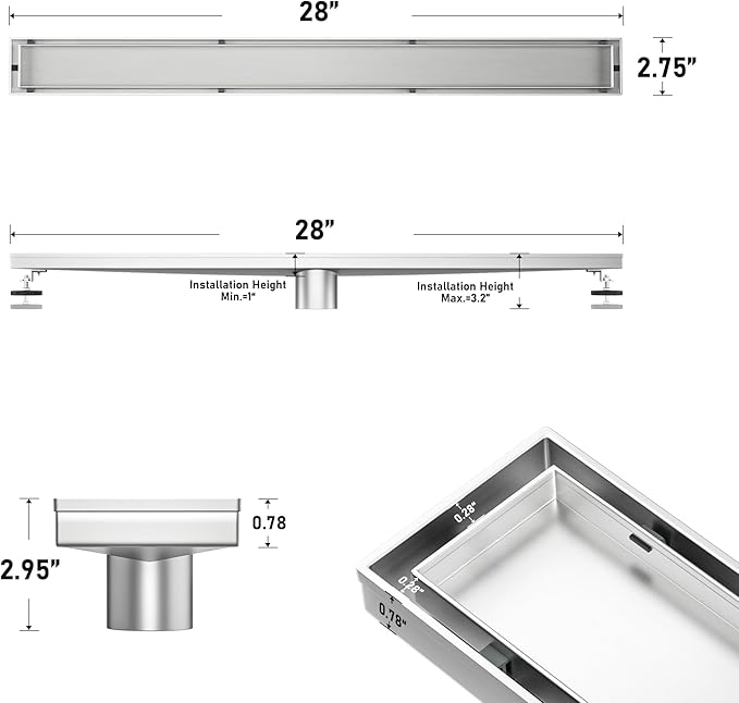 Linear Shower Drain 28" Brushed 304 Stainless Steel | Fast Drainage | Tile Inserted | Stainless Floor Drain Grate | Hair Strainer | Drain Key | The Upgrade for Your Bathroom