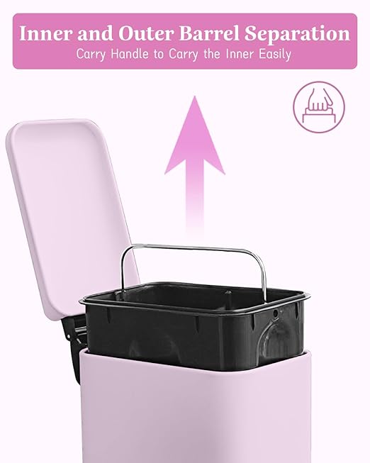 1.3 Gallon Trash Can with Removable Inner Bucket, Pink Trash Can with Soft Close lid, Stainless Steel Step Pedal Garbage Can for Bathroom, Living Room