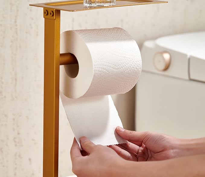 Miyili Bathroom Lavatory Toilet Paper Holder with Shelf Stainless Steel Freestanding Toilet Tissue Roll Holder Square Style Gold, F04G2