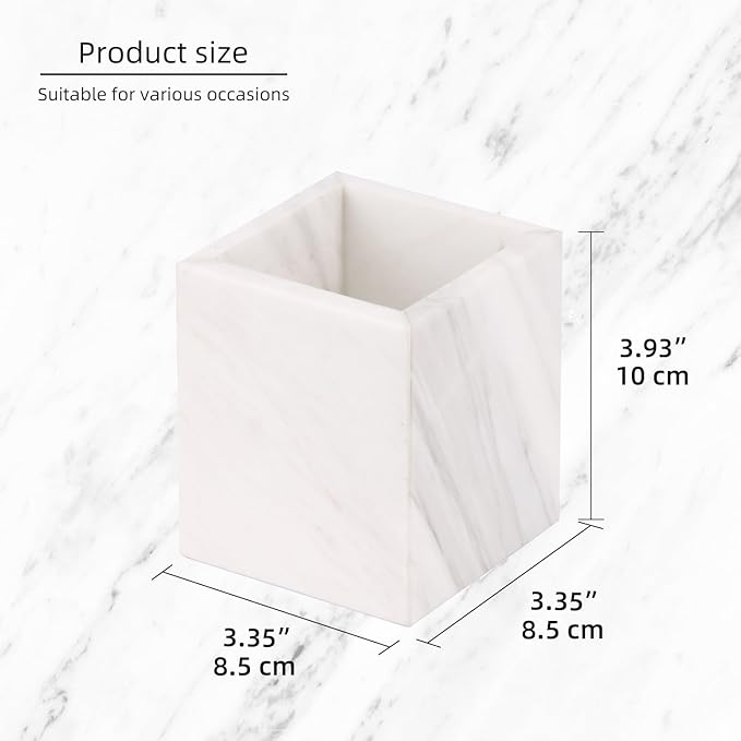 Natural Marble Toothbrush Holder for Bathroom Countertop (8.5x8.5x10cm) - Multifunctional Organizer for Makeup Brushes, Vanity Accessories & Utensils Sink (1, White)
