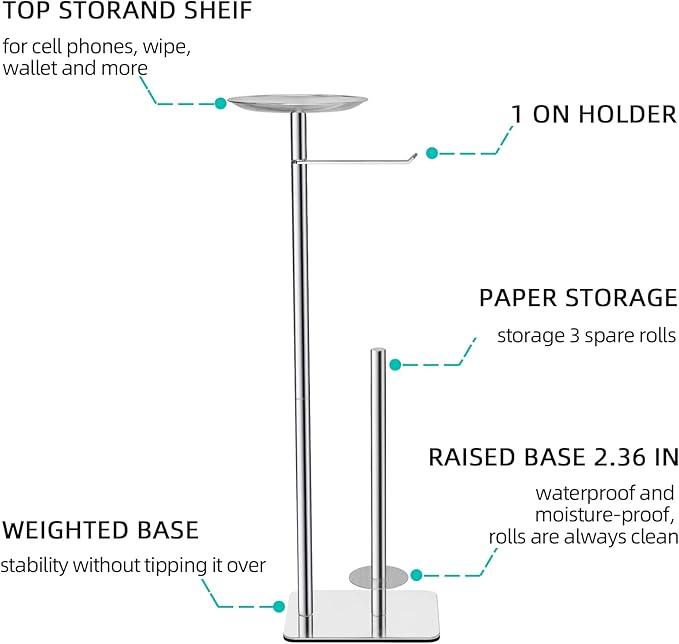 Toilet Paper Holder Stand for Bathroom Floor Standing Toilet Roll Dispenser Storages 4 Reserve Rolls, with Top Storage Shelf for Cell Phones, Wipe, Wallet and More(Chrome)