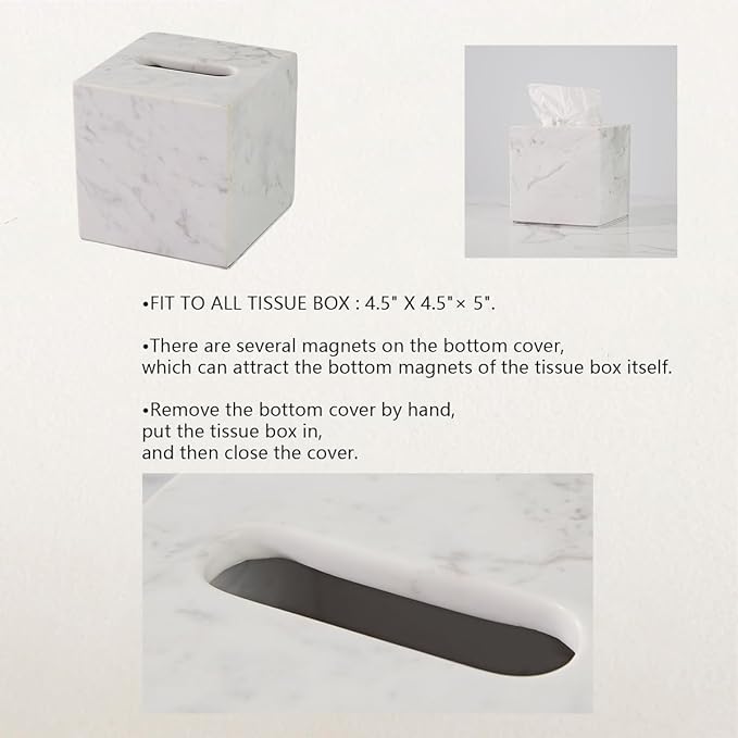 White Marble Tissue Holder, Removable Square Tissue Box with Acrylic Board Bottom, Natural Marble Napkin Box, Premium Tissue Holder Cover for Bathroom, Living Room, Bedroom, Office, Toilet