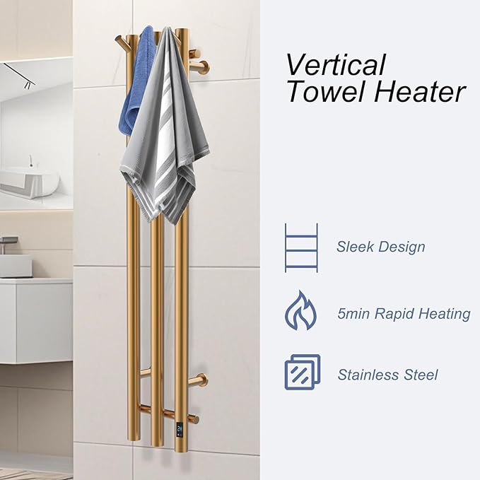 Electric Heated Towel Rack with Timer, Wall-Mounted Towel Warmer, 3 Vertical Bars, Silver, Plug-in or Hardwired, 37.4 Inch Height, Round Design (Gold)