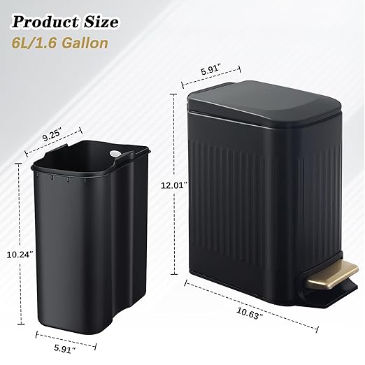Soddeph Small Narrow Bathroom Trash Can with Lid Bathroom,1.6 Gallon Stainless Steel Wastebasket with Lid Soft Close,Slim Trash Can with Removable Inner Bucket for Toilet, Bedroom,Office (Black)