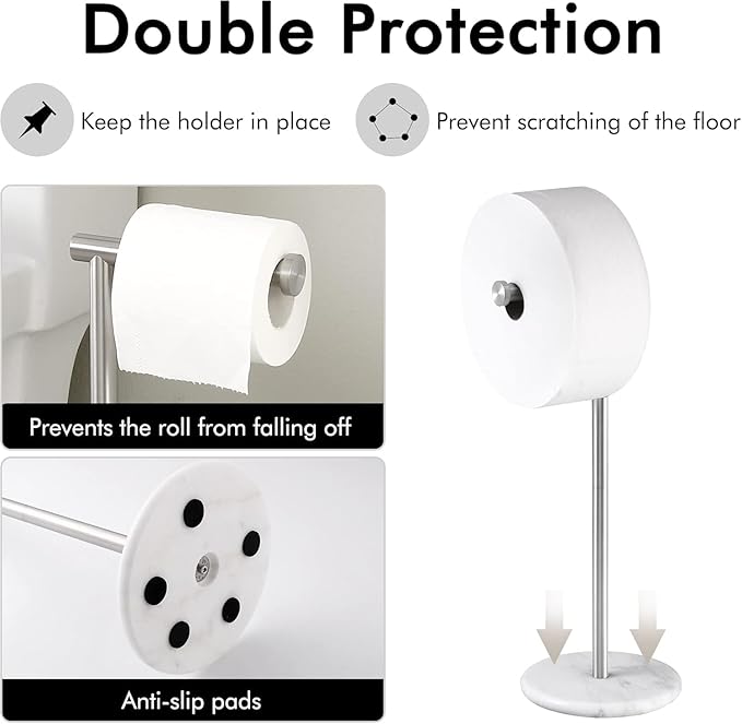 Toilet Paper Holder Free Standing with Natural Marble Base, 26" Height Floor Free Standing Toilet Paper Holder Brushed Nickel