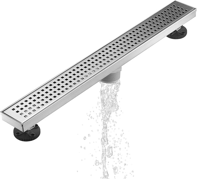 Sharp-tec 28 inch Linear Shower Drain, Brushed Rectangular Floor Drain, V-Shape Design Drain Channel, 304 Stainless Steel, cUPC Certificated for Bathroom Shower Room (Drain Base is Not Included)