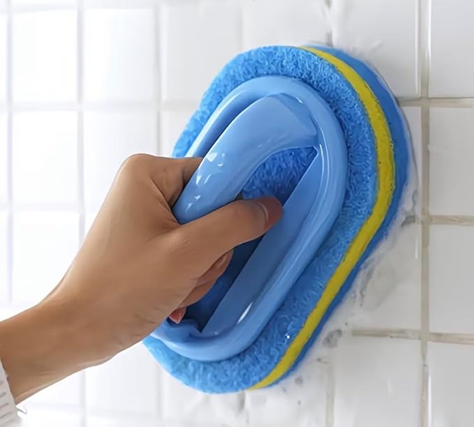 Tile and Grout Cleaning Brush with Handle, Blue and Yellow, Multi-Layer Sponge Scrubber, 5.12 x 2.61 Inches