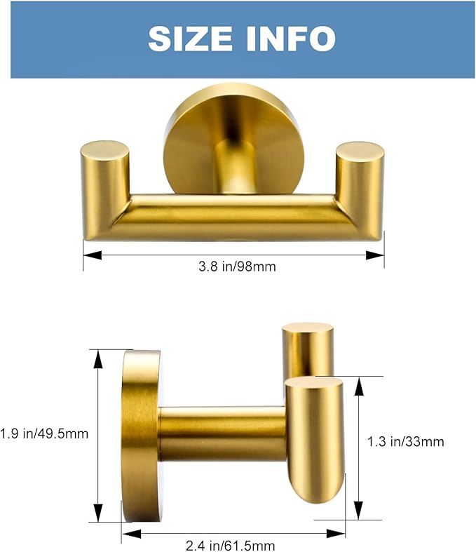 ALEASHA Shower Towel Hook Brushed Gold, Stainless Steel Towel Hanger, Heavy Duty Double Towel Hook, Towel Holder for Bathroom, Wall Mount Robe Hook