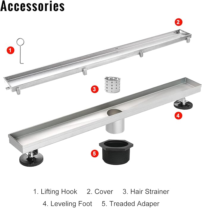 SaniteModar Linear Shower Drain 48 inch with Tiled Stealth and 304 Stainless Steel Brushed Polished 2 in 1 Panels.Tile Insert Shower Drain Equipped Adjustable Feet,Hair Filters