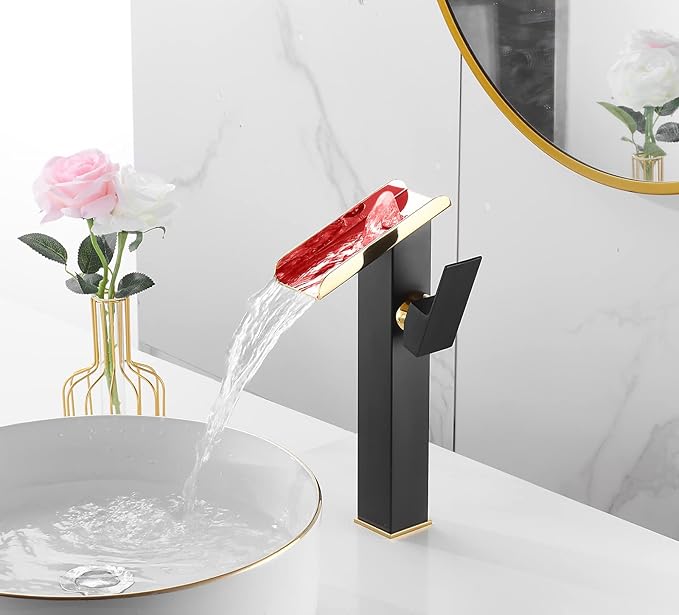 Bathroom Vessel Sink Faucet LED Light Black Gold,Hydropower LED 3 Colors Changing Waterfall Spout, Hot and Cold Water Mixer, Single Handle Single Hole Commercial Residential Bathroom Tap Faucet