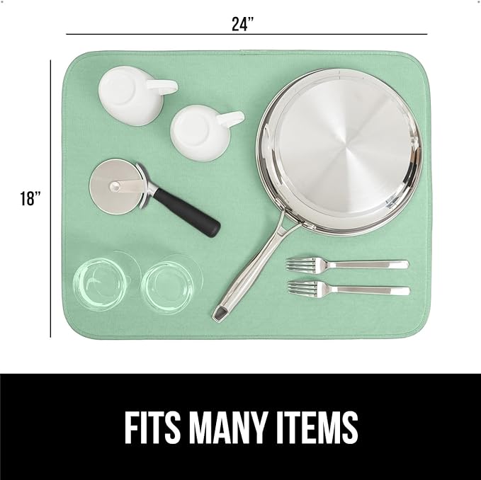 GORILLA GRIP Ultra Water Absorbent Microfiber Dish Drying Mat, 18x24, Quick Dry Thick Mesh, Slip Resistant Pad for Sink Dishes or Under Rack, Kitchen Counter Accessories, Machine Wash Mats, Mint