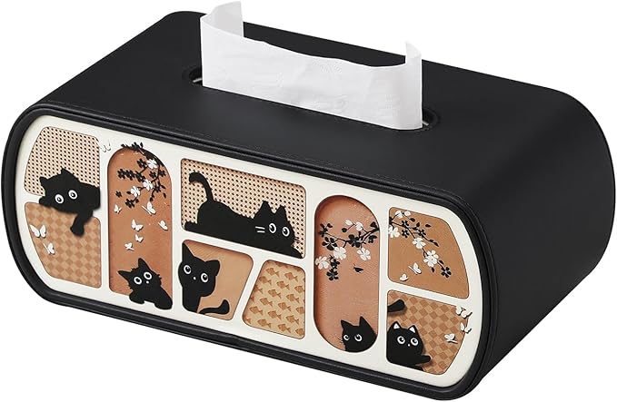 Kitty Cat Tissue Box Cover Rectangle, 4 Inches High Tissue Box Holder for 120(3-Ply)/160(2-Ply) Count Boxes, Stylish Curved Edge Tissue Holder for Bathroom Living Room Car Office (Black)