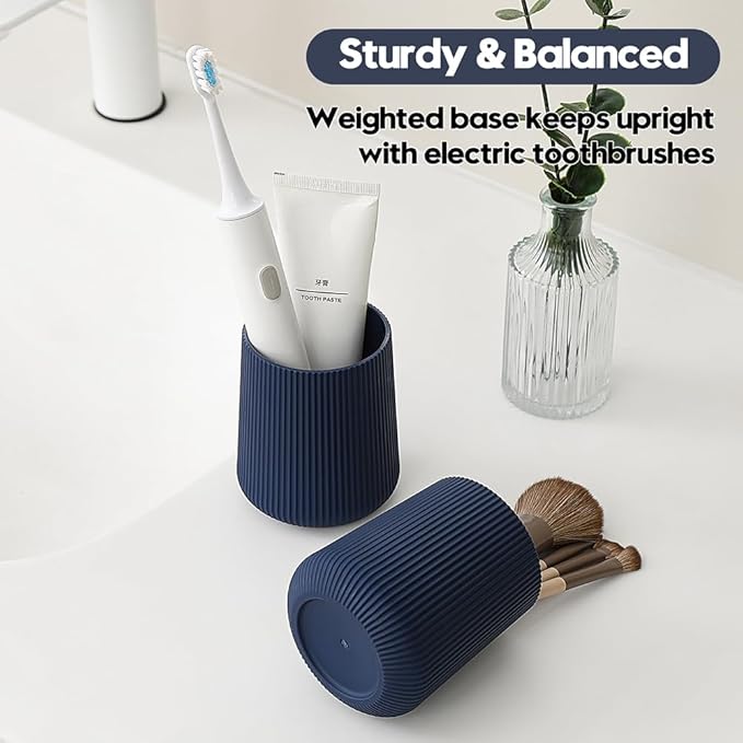 Navy Blue Striped Toothbrush Holder for Electric Toothbrushes Bathroom Organizer for Toothpaste Kids & Adults