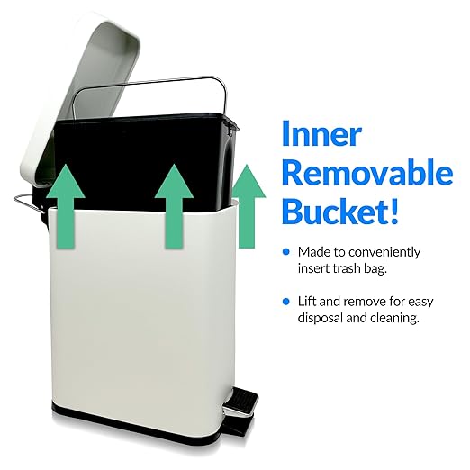 Reli. Small Trash Can with Lid, 1.3 Gallon (5 Liter) | Stainless Steel (White) | Small Bathroom Trash Can | Step Pedal Garbage Bin with Removable Bucket, Kitchen | Rectangular Metal Bin