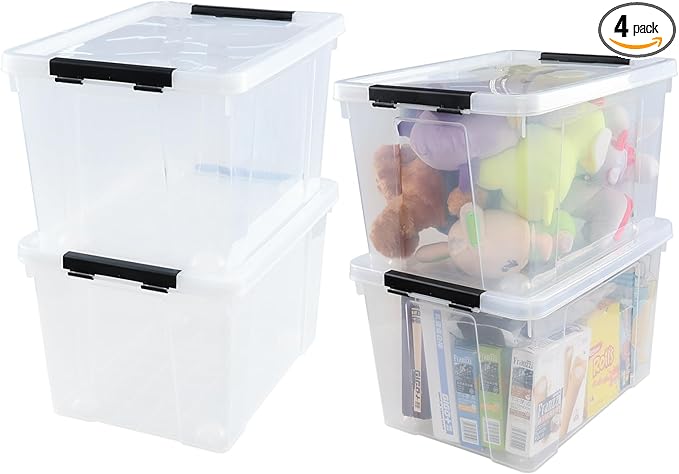 4-Pack 32 L Wheeled Clear Plastic Storage Latch Box, Large Clear Storage Bin with Lid