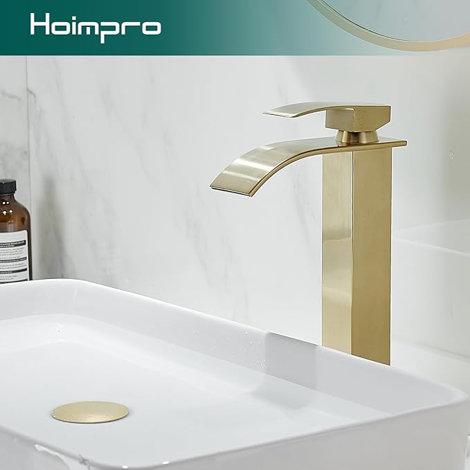Hoimpro Brushed Gold Waterfall Bathroom Faucet with cUPC Supply Lines, Single Hole Single Handle Bathroom Sink Faucet with Pop up Drain, Vessel Faucet, Brushed Gold(1 or 3 Hole)