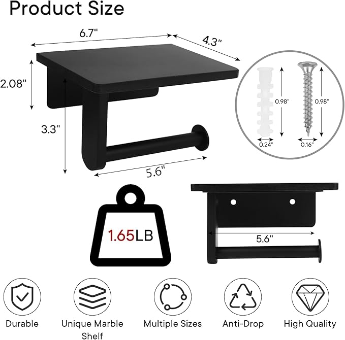 Toilet Paper Holder with Marble Shelf for Bathroom Washroom,Wall Mounted Tissue Holder Suitable for Mega Roll (Small 6.7 * 4.3 in, Black)