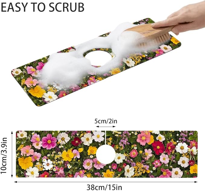 Bimkole 1 PCS Faucet Absorbent Mat, Kitchen Faucet Sink Splash Guard Wraparound Cloth Pads Drip Catcher for Sink Faucet for Kitchen Bathroom Faucet, Colorful Faucet Mat, 15 x 4 Inch Flower A8
