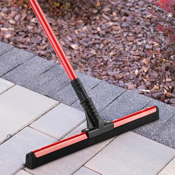 20" Commercial Flex Rubber Floor Squeegee - Heavy-Duty Steel Handle, Red, for Garage/Workshop/Janitorial Use, Professional Cleaning Essential