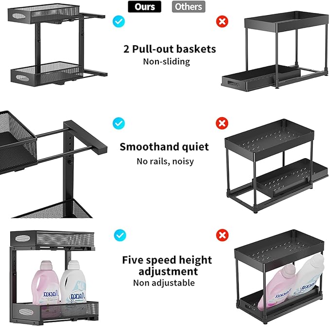 Under Sink Organizer, 2-Tier Pull Out Cabinet Organizer with Adjustable Height, Use in Kitchen Bathroom Cabinet and Countertop Storage, Black