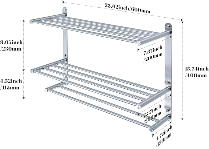 Bathroom Towel Rack with 24-Inch Multilayer Hotel Racks 304 Stainless Steel Towel Bar Shelf Wall-Mounted Brushed Finish Bar withTowel Shelves,3-Tier Bar Mounted