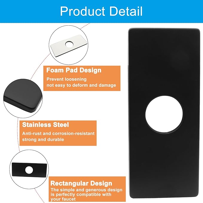 Biaungdo 6" Hole Cover Deck Plate, Matte Black Escutcheon Plate Stainless Steel Bathroom Faucet Plate Rectangle Faucet Cover Plate for 1 or 3 Hole Bathroom Vanity Sink Faucet