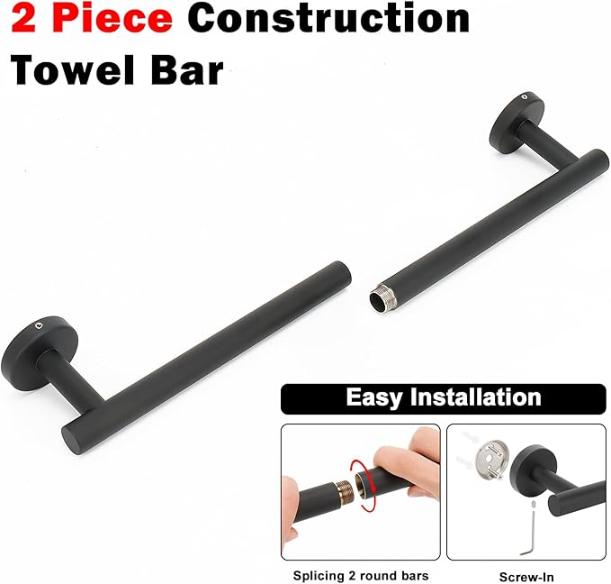 NearMoon Bath Towel Bar, Thicken Stainless Steel Shower Towel Rack Holder Wall Mounted for Bathroom, 18-lnch Overall Length-16-lnch Usable Hanging Space (2 Pack, Matte Black)