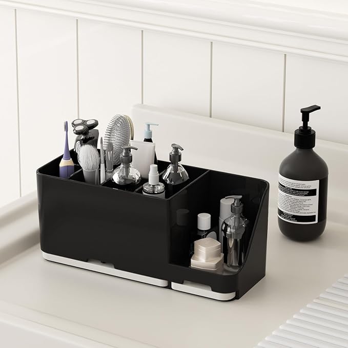 JUMEIHUI Bathroom Countertop Organizer with Water Absorbent Diatomite,8 Slots Bathroom Toothbrush Holder with Adjustable Dividers,Bathroom Sink Organizer Countertop (Black)