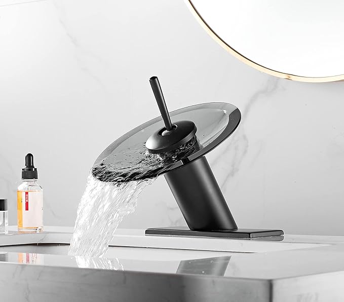 Bathroom Faucet Black Glass Spout Waterfall Single Handle One Hole Bath Sink Faucet Vanity Lavatory Basin Mixer Tap with Cover Plate Deck Mount Commercial