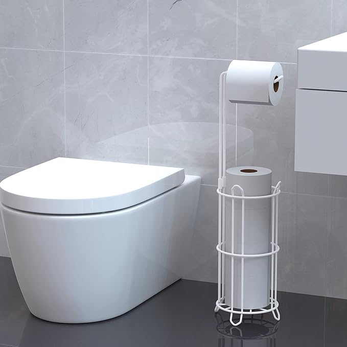 Meangood Toilet Paper Holder Stand and Tissue Paper Roll Dispenser for 4 Mega Rolls, Bathroom Free Standing Tissue Roll Storage Holder Rack, Metal Wire White
