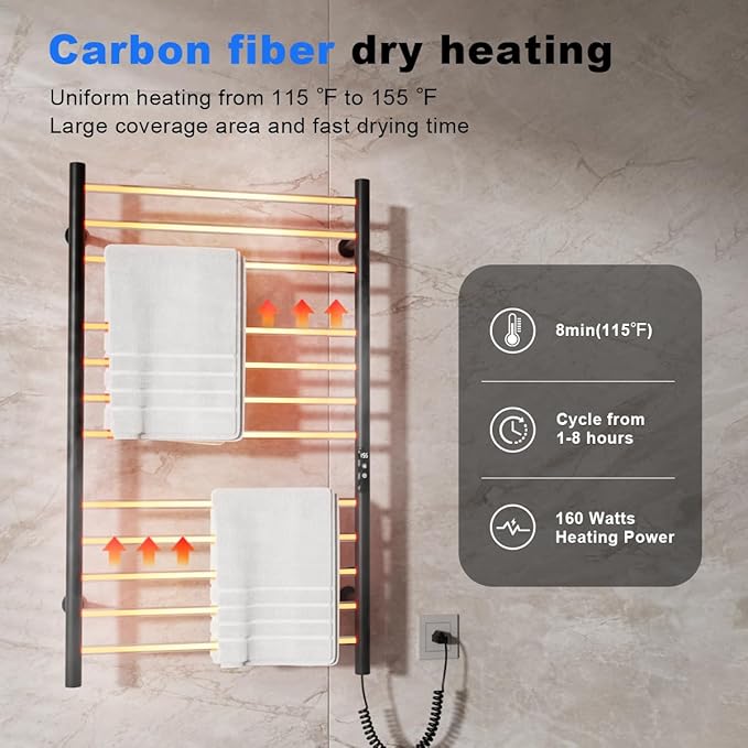 MENATT 12 Bars Heated Towel Warmer Racks Wall Mounted, Electric Heated Towel Rack for Bathroom,Towel Warmer Rack with Built-in Timer,Adjustable Temperature,Matte Black