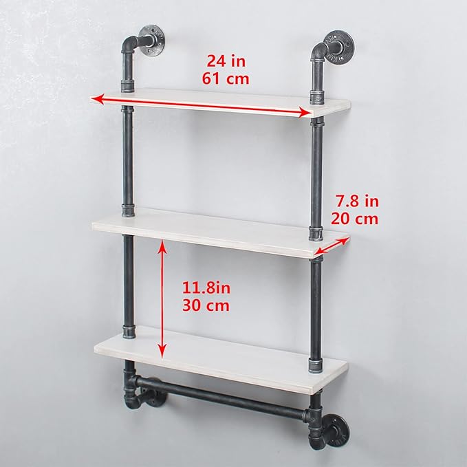 MBQQ Industrial Shelving,Bathroom Shelves with Towel bar,24in Rustic Metal Pipe Floating Shelves Pipe Wall Shelf,3 Tier Industrial Shelf Wall Mounted,Retro White