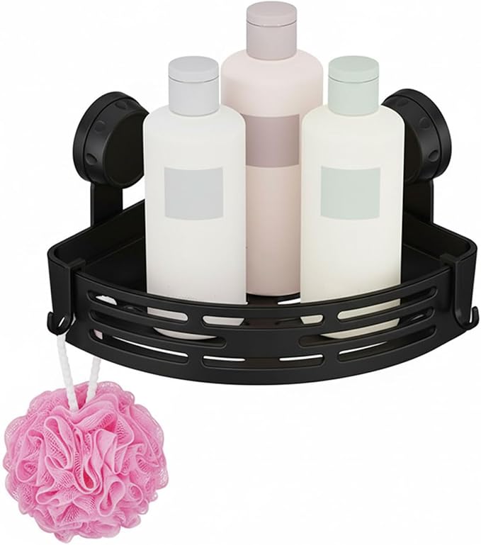 Suction Cup Corner Shower Caddy - Rust Proof Bathroom Shelf - No Drill Removable Storage Rack with Hooks for Suite Dorm, RV & Tile Walls (Matte Black, 1PCS)